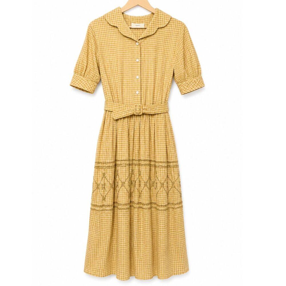 VTG Handmade 70s Gingham Embroidered Midi Dress w/ Belt Cottagecore Prairie Boho